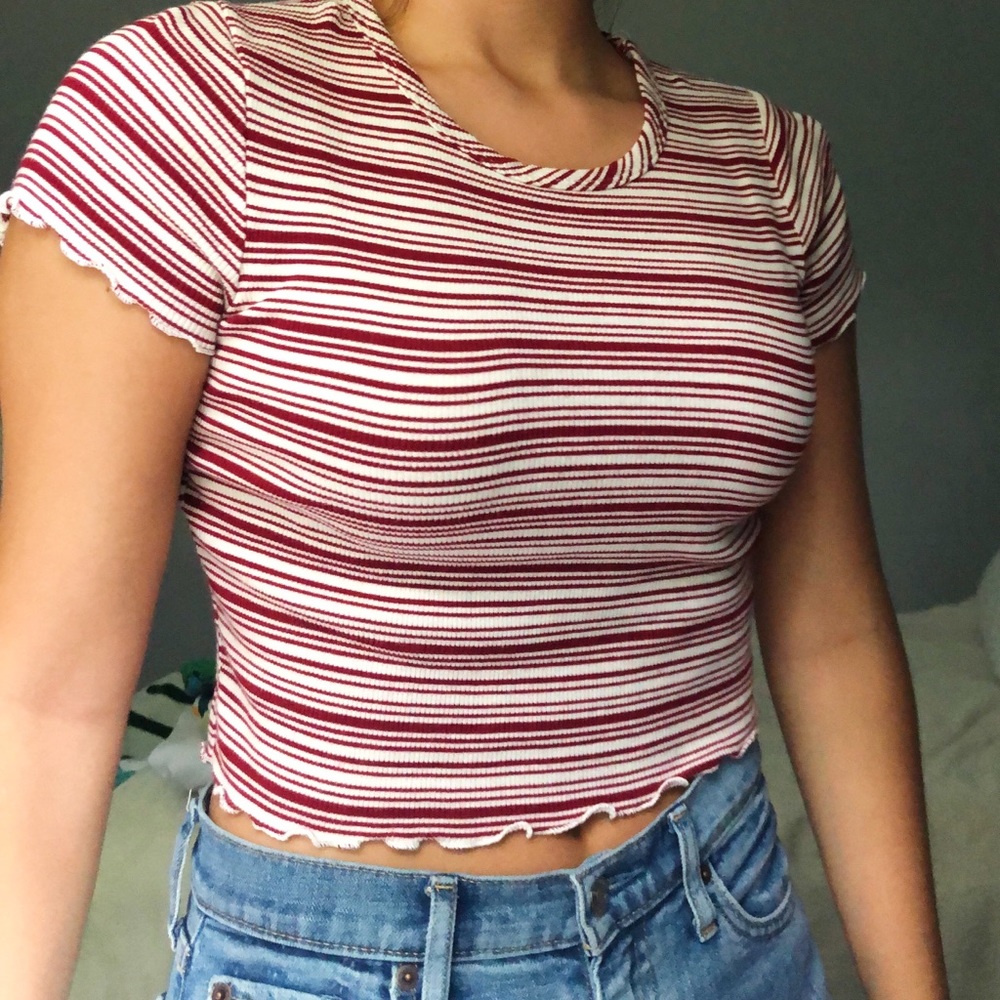 Red and White Striped Tshirt with Lettuce Trim